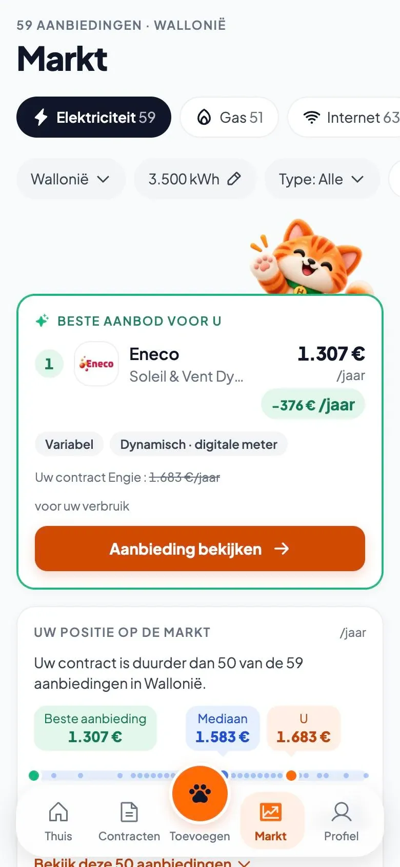 Scherm Markt: het beste aanbod, bij Eneco, 1 307 € per jaar in plaats van 1 683 €, dus 376 € besparing.